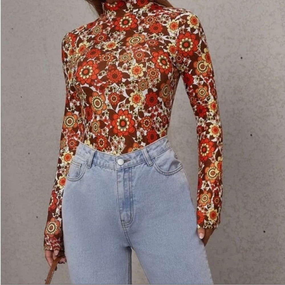 Floral Long Sleeve Bodysuit - Multicolor Gypsy Couture L NEW Boho Orange Brown - Picture 4 of 7